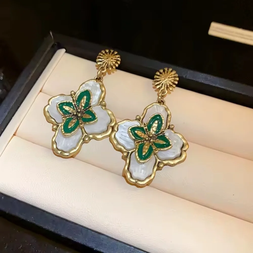 Vintage Gold & White Enamel Floral Drop Earrings with Green Accents - Picture 4 of 8